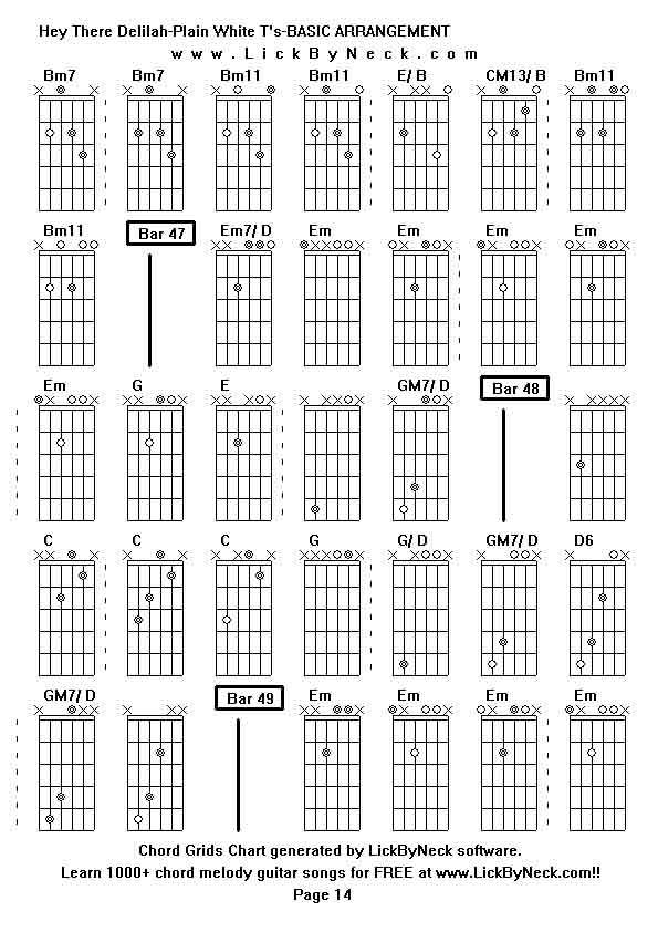 Chord Grids Chart of chord melody fingerstyle guitar song-Hey There Delilah-Plain White T's-BASIC ARRANGEMENT,generated by LickByNeck software.